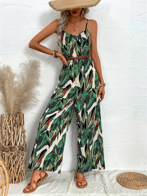 Tropical Print Spaghetti Strap Wide Leg Jumpsuit - Odaingerous